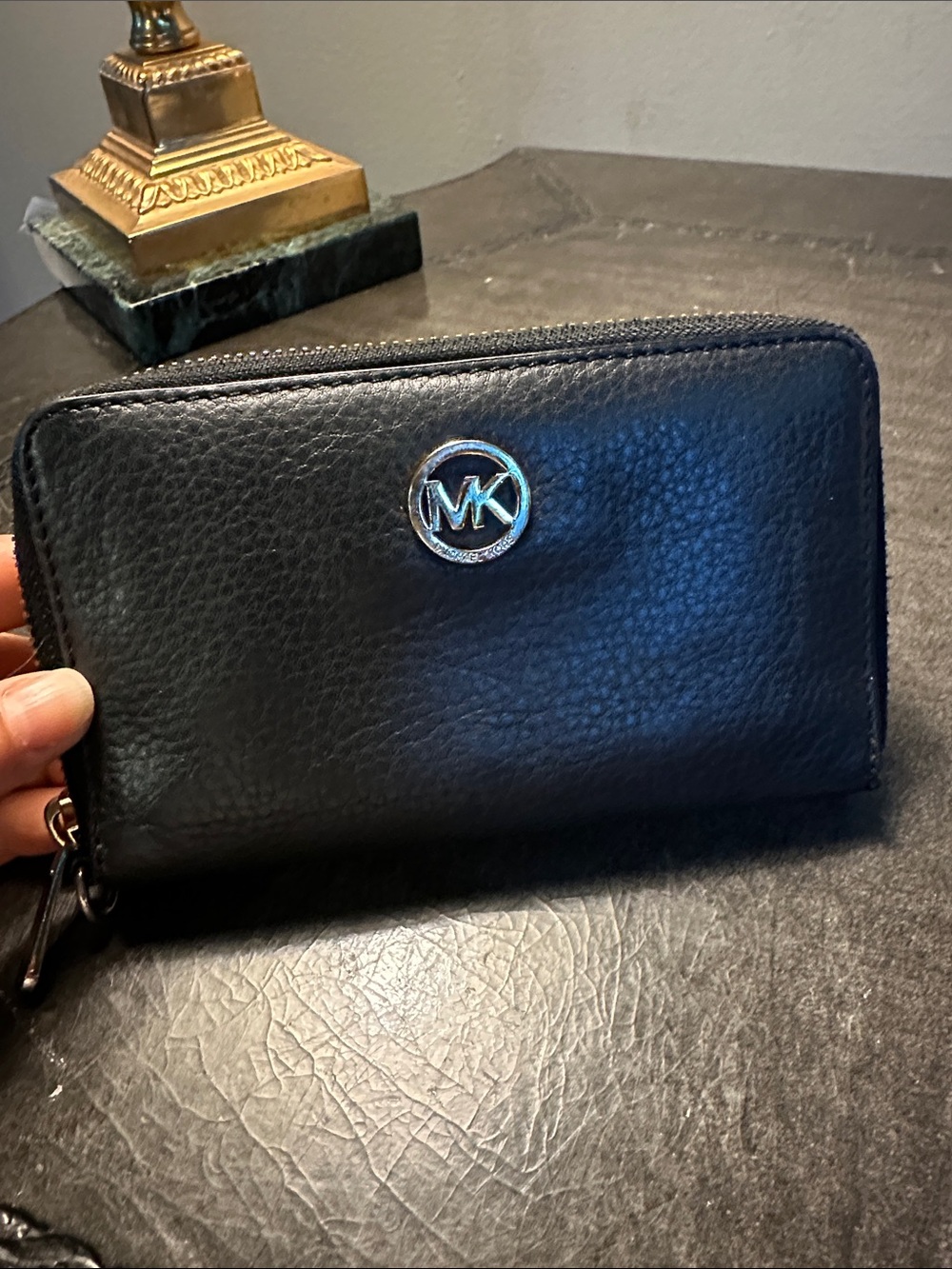 Michael Kors Black Pebbled Leather Zip-Around Wallet with Silver MK Emblem